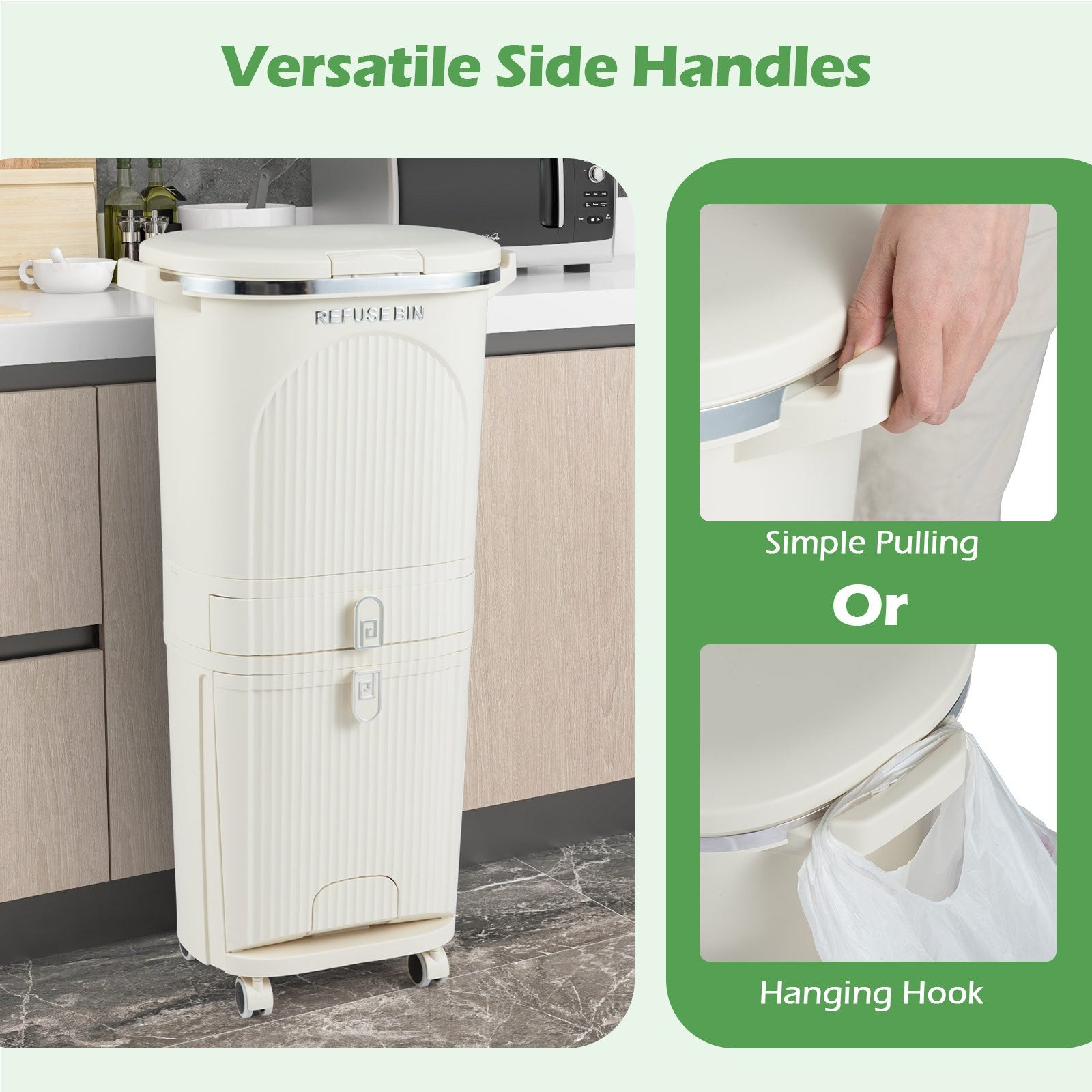 COSTWAY 11 Gallon Heavy-Duty Vertical 3-Tier Recycling Trash Can with Lid & Step Pedal, Hands-Free Waste Sorting Bin with 2 Removable Buckets & Drawer, PP Plastic Garbage Can, Bathroom, for () - Space-Saving Vertical