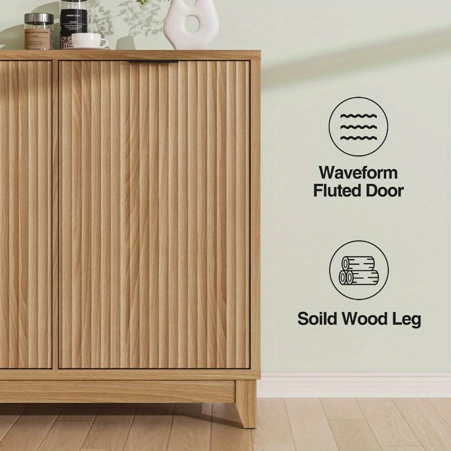 Tilt Out Trash Can Cabinet with Odor Control, Outlets, Fluted Trash Cabinet 13 Gallon Hidden Bin Storage, Modern Kitchen Cabinet with Soft-Close Door, Laundry Hamper Cabinet for Bathroom