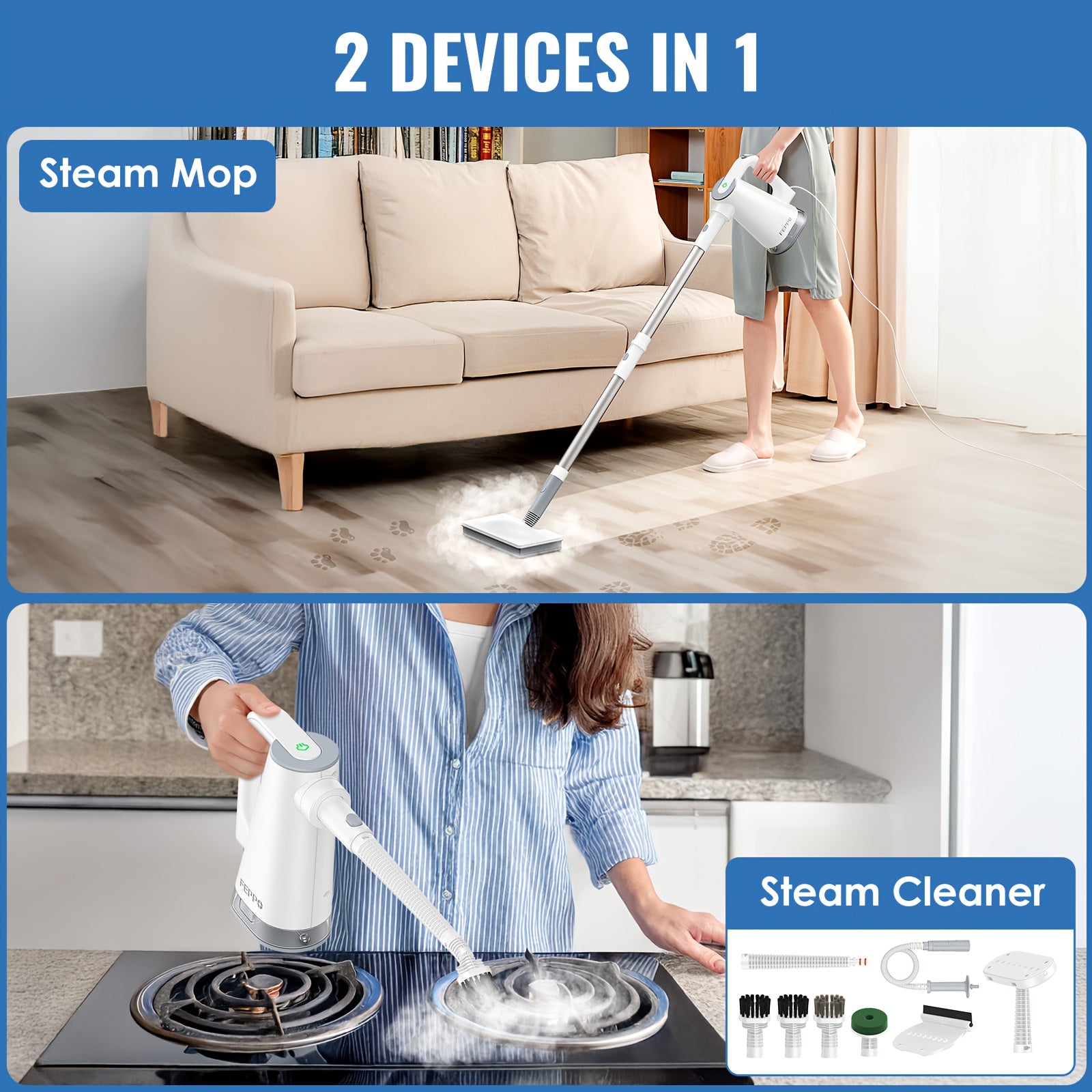 Steam Mop, Steam Cleaner, with Detachable Handheld Carpet Cleanerfor Home And Floor Cleaning, Dampfreiniger, 10-in-1 Multi-purpose Attachments & 2 Pads, Steam Cleaners for Home Use, Powerful Sofa Steamer, Tiles, Grout, Windows, Kitchen, Bath