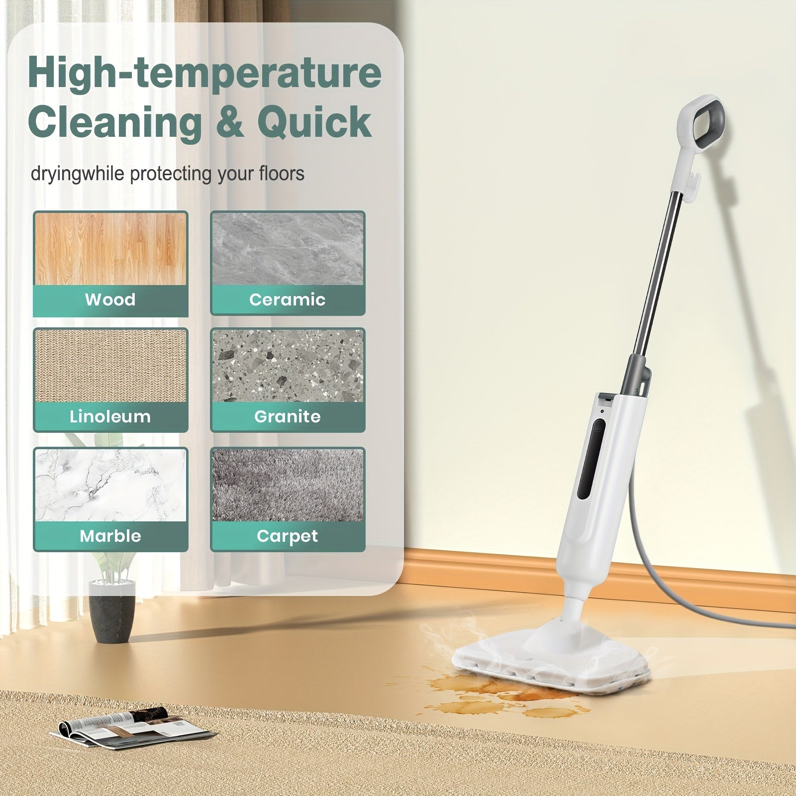 Steam Mop Cleaner For Floor Hardwood Tile Carpet Cleaning With Overheat Protection, Steamer High Temperature Quick-drying With 2pcs Mop Pads And 11.16oz Water Tank, Green Or Grey Colors