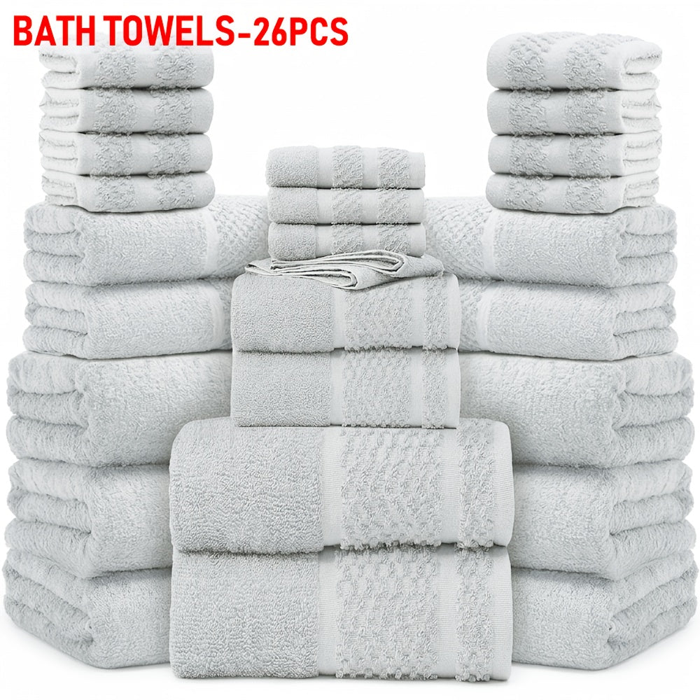 26pcs Bath Towel Set, 8pcs Bath Towels And 6pcs Hand Towels And 12pcs Washcloths, Solid Color, Cottoned Towels, Absorbent, Quick-Drying, Soft And Comfortable, Bathroom Supplies, Towels for Bathroom, Shower And Hotel
