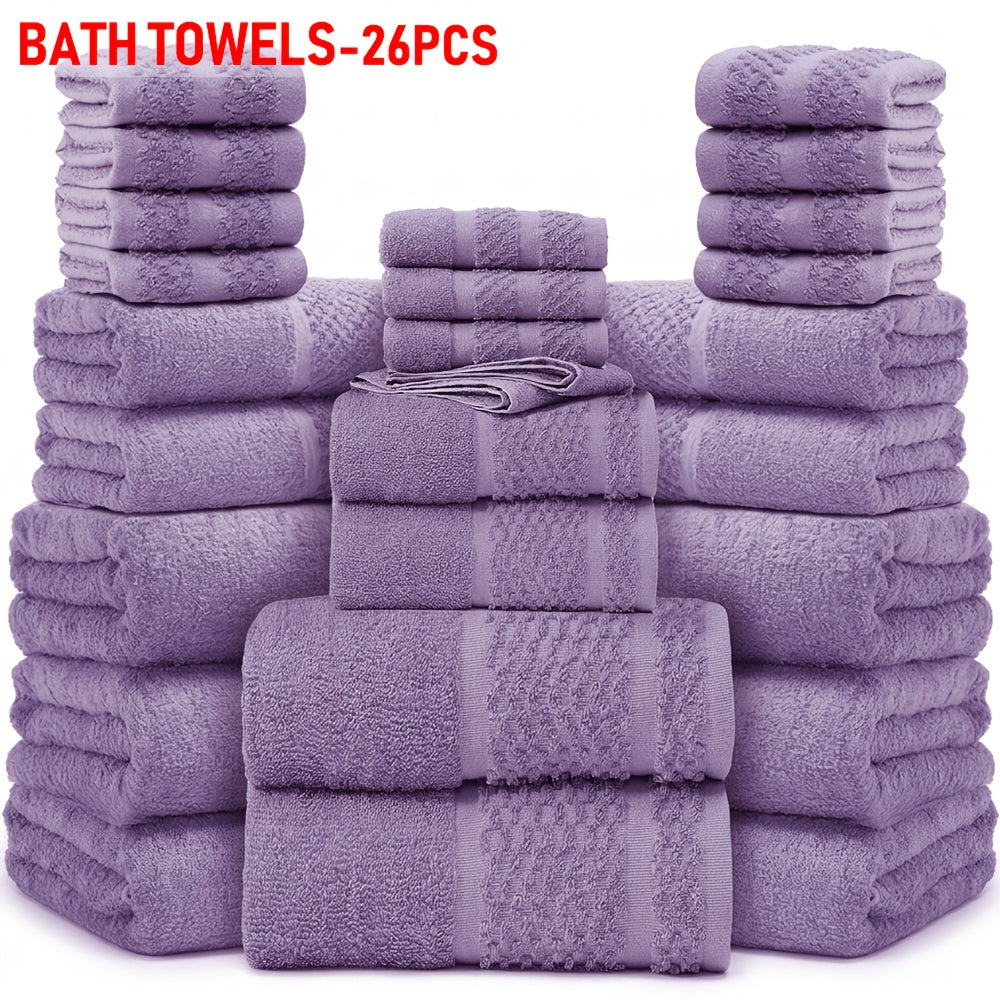 26pcs Bath Towel Set, 8pcs Bath Towels And 6pcs Hand Towels And 12pcs Washcloths, Solid Color, Cottoned Towels, Absorbent, Quick-Drying, Soft And Comfortable, Bathroom Supplies, Towels for Bathroom, Shower And Hotel