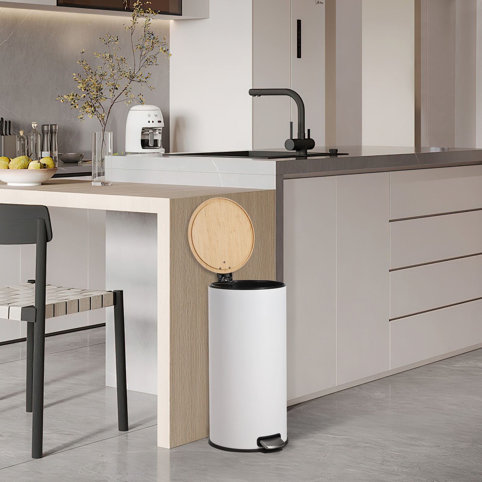 GarveeHome 8 Gallon Step Trash Can with Soft-Close Bamboo Lid, Stainless Steel Garbage Can with Removable Inner Bucket, 30L Round Trash Bin, Perfect for Kitchen, Bathroom, Living Room, White