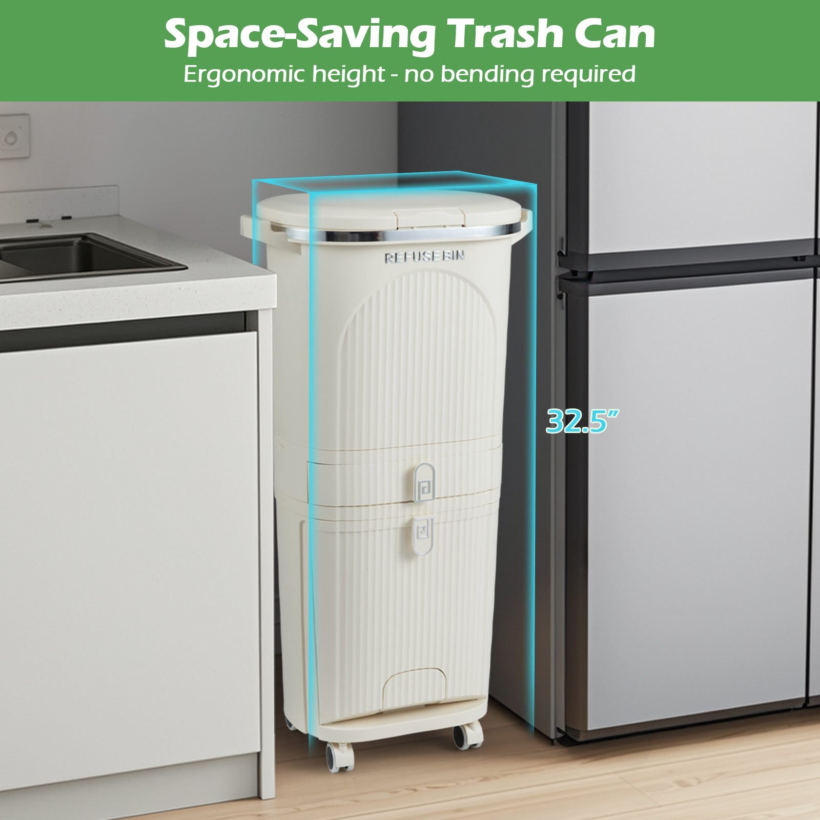 COSTWAY 11 Gallon Heavy-Duty Vertical 3-Tier Recycling Trash Can with Lid & Step Pedal, Hands-Free Waste Sorting Bin with 2 Removable Buckets & Drawer, PP Plastic Garbage Can, Bathroom, for () - Space-Saving Vertical