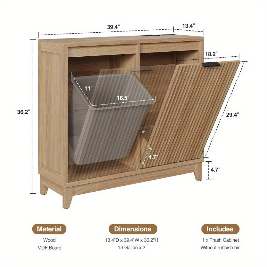 Tilt Out Trash Can Cabinet with Odor Control, Outlets, Fluted Trash Cabinet 13 Gallon Hidden Bin Storage, Modern Kitchen Cabinet with Soft-Close Door, Laundry Hamper Cabinet for Bathroom