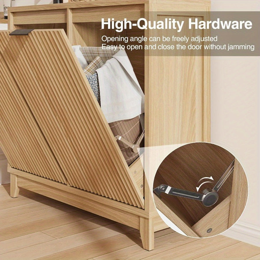 Tilt Out Trash Can Cabinet with Odor Control, Outlets, Fluted Trash Cabinet 13 Gallon Hidden Bin Storage, Modern Kitchen Cabinet with Soft-Close Door, Laundry Hamper Cabinet for Bathroom