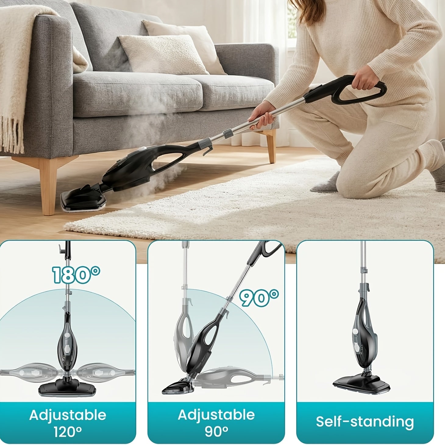 10-in-1 Steam Mop, 1300W Detachable Handheld Steam Cleaner for Floor Cleaning, 16ft Cord, 2 Washable Pads, Multi-Surface Floor Steam Cleaner for Hardwood, Tile, Laminate & Carpets