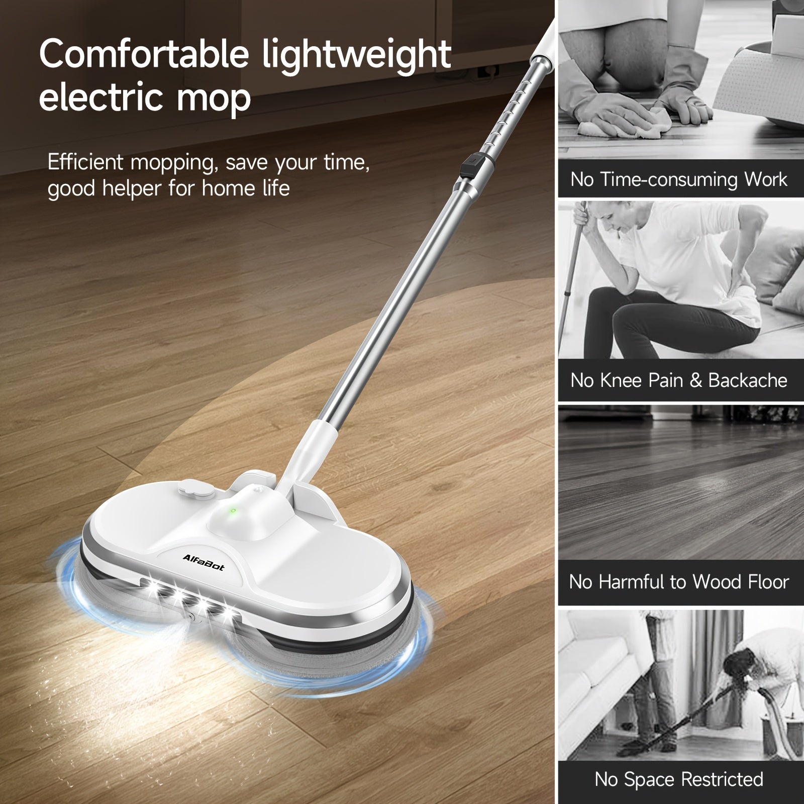 Spin Electric Mop with LED Headlight, 6.09oz Tank & 50 Min Runtime - Lightweight Floor Scrubber for Hardwood, Tile, Laminate Floors - Ergonomic Handle, Auto-Sprayer Function, One-Hand Operation, Home Cleaning Aid, Durable Abs Plastic, Apartment Dwellers