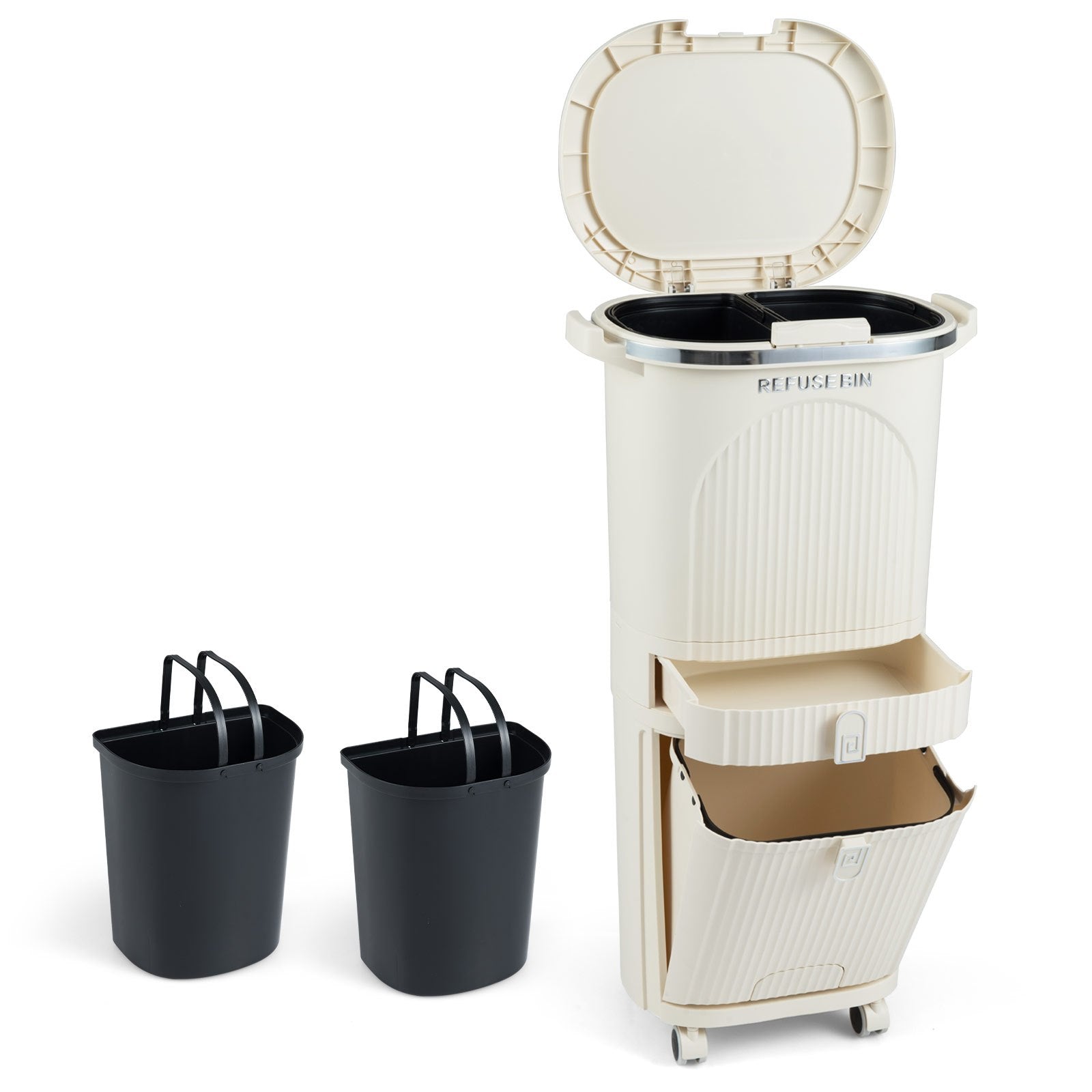 COSTWAY 11 Gallon Heavy-Duty Vertical 3-Tier Recycling Trash Can with Lid & Step Pedal, Hands-Free Waste Sorting Bin with 2 Removable Buckets & Drawer, PP Plastic Garbage Can, Bathroom, for () - Space-Saving Vertical