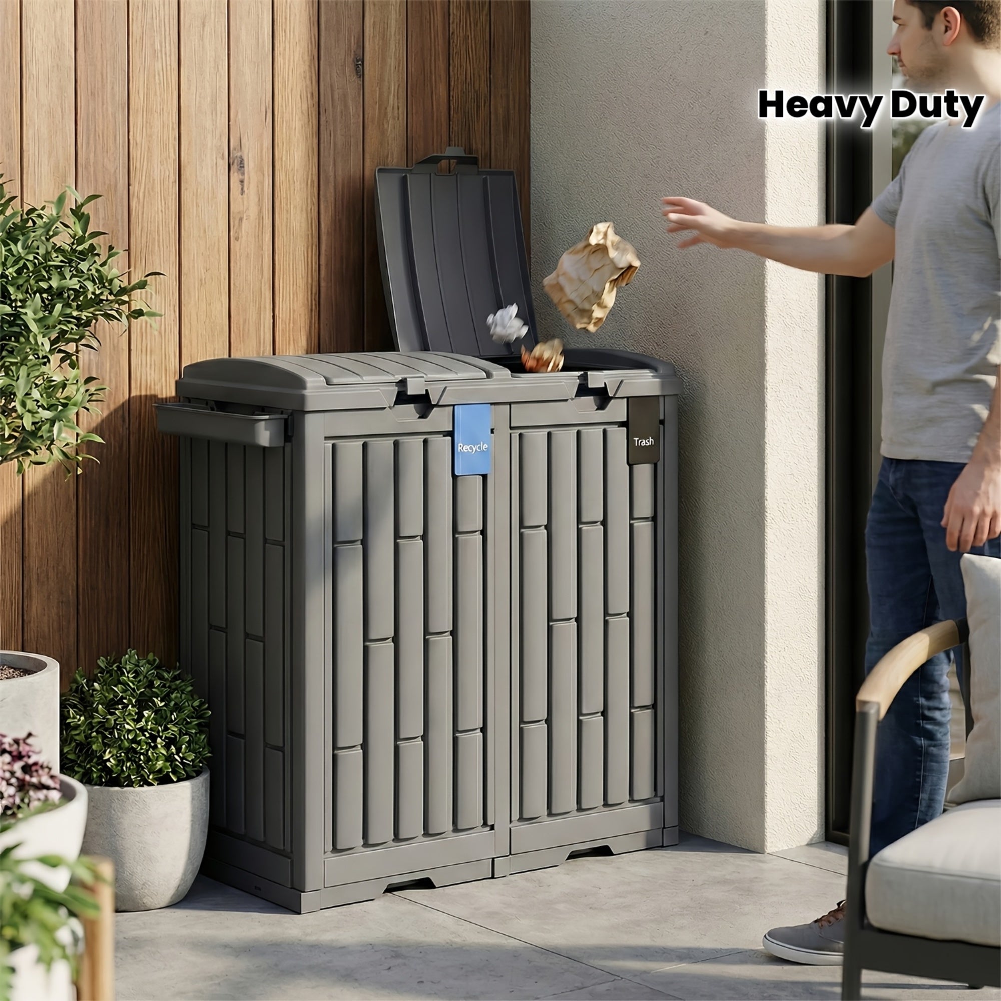 30\u002F60 Gallon Outdoor Trash Can with Lid - Waterproof PP Resin Heavy-Duty Suitable for Patio, Garden, Balcony Garbage Bin, Modern Modern Waste Can with Removable Tray, Plastic Bin for Backyard, Commercial\u002FResidential Use