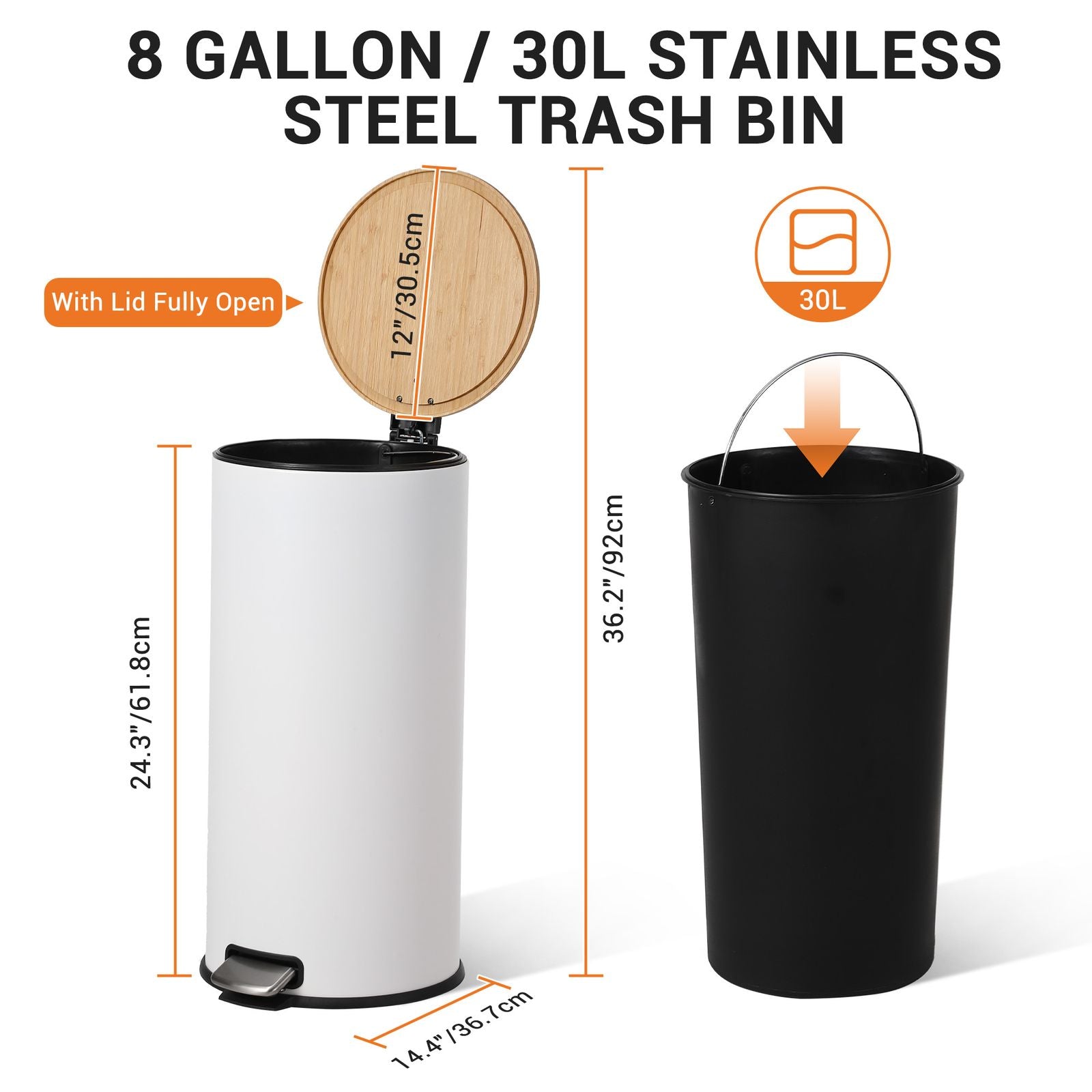 GarveeHome 8 Gallon Step Trash Can with Soft-Close Bamboo Lid, Stainless Steel Garbage Can with Removable Inner Bucket, 30L Round Trash Bin, Perfect for Kitchen, Bathroom, Living Room, White