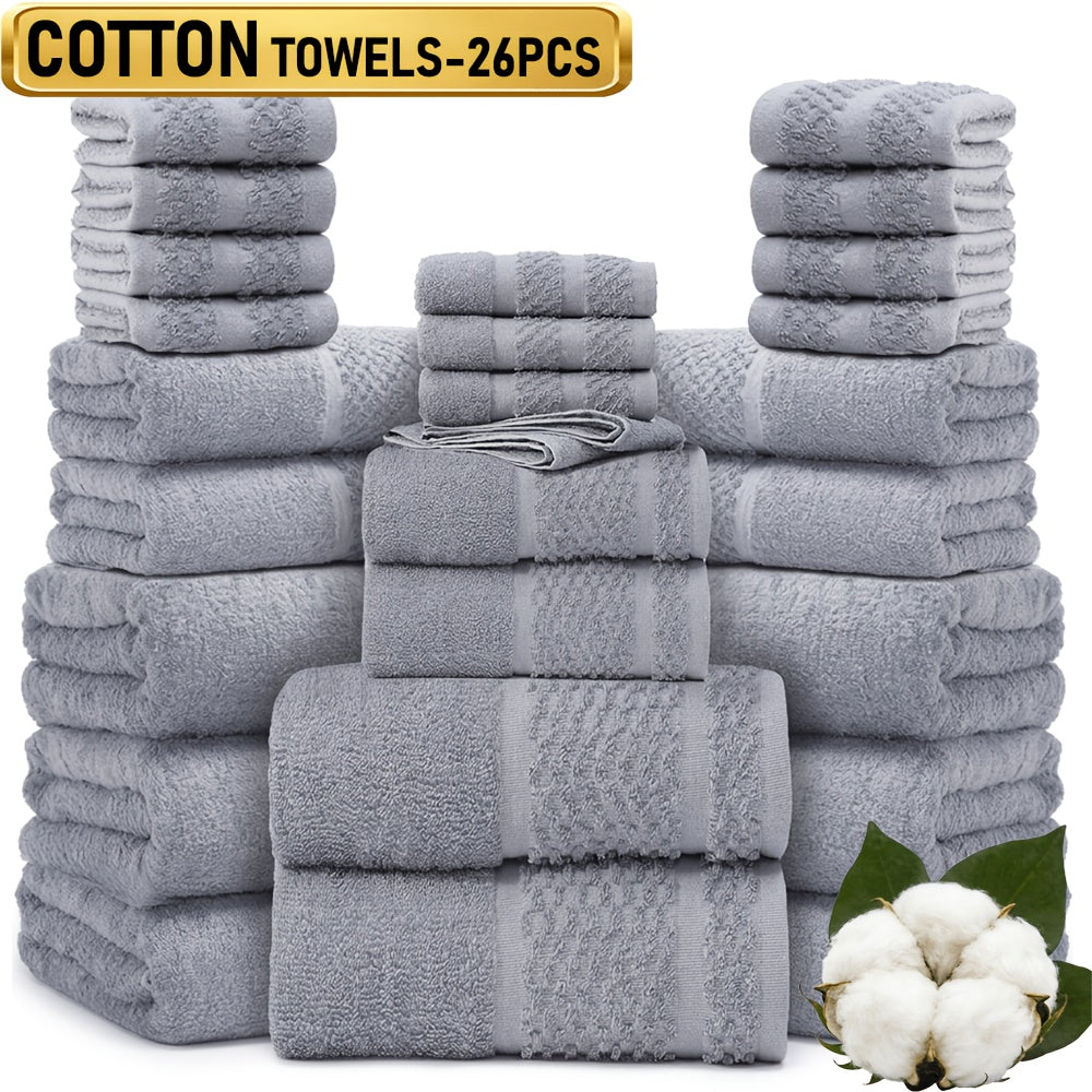 26pcs Bath Towel Set, 8pcs Bath Towels And 6pcs Hand Towels And 12pcs Washcloths, Solid Color, Cottoned Towels, Absorbent, Quick-Drying, Soft And Comfortable, Bathroom Supplies, Towels for Bathroom, Shower And Hotel