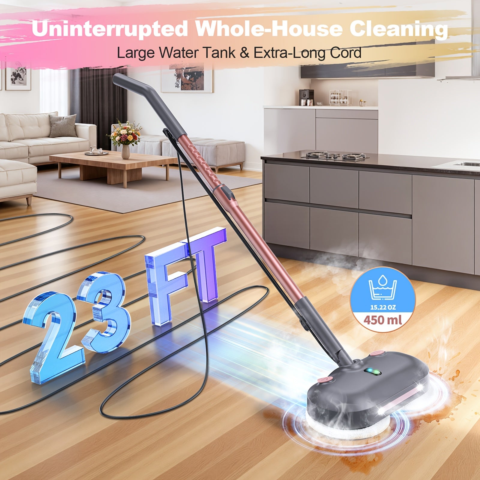 Steam Mop Cleaner, Suitable for Cleaning Floors, Hardwood, Tiles And Carpets. It Features Overheat Protection, High-Temperature Steam for Quick Drying, Comes with 2 Mop Pads, Has A Rotating Function