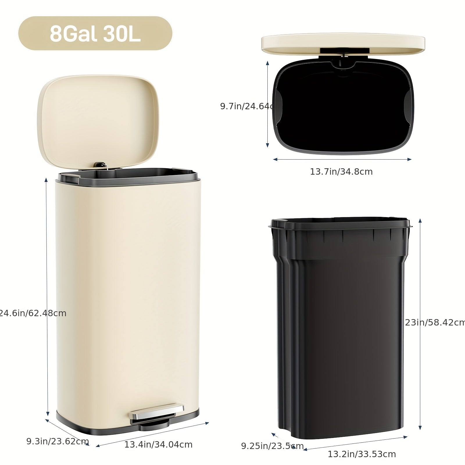 8 Gallon Step Trash Can, Stainless Steel Garbage Bin, Soft-Close Rubbish Bin With Removable Plastic Inner Bucket, Fingerprint-Proof, Lid Dustbin, Suit For Kitchen Home (30L)