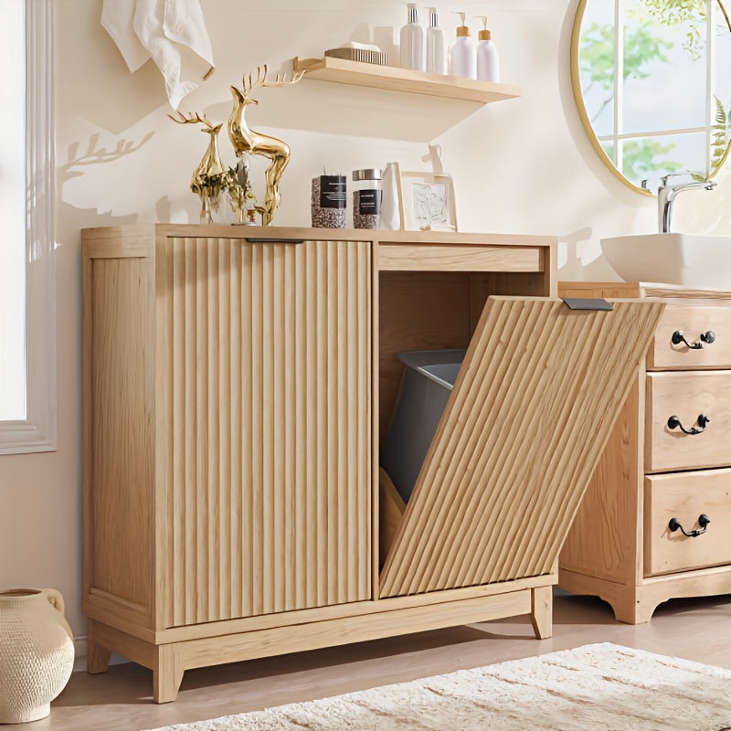 Tilt Out Trash Can Cabinet with Odor Control, Outlets, Fluted Trash Cabinet 13 Gallon Hidden Bin Storage, Modern Kitchen Cabinet with Soft-Close Door, Laundry Hamper Cabinet for Bathroom