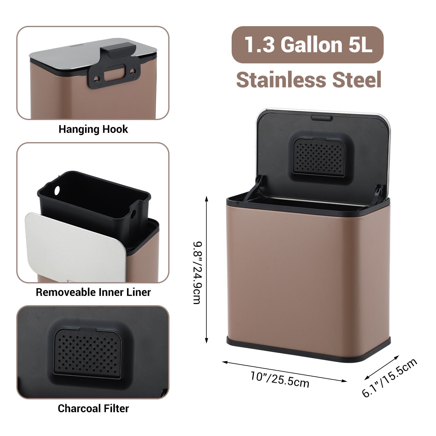 Durable Stainless Steel Kitchen Waste Bin Model A93L - Compact Size 25. 5 X 15. 5 X 24. 3.54inch, Perfect for Efficient Kitchen Waste Management