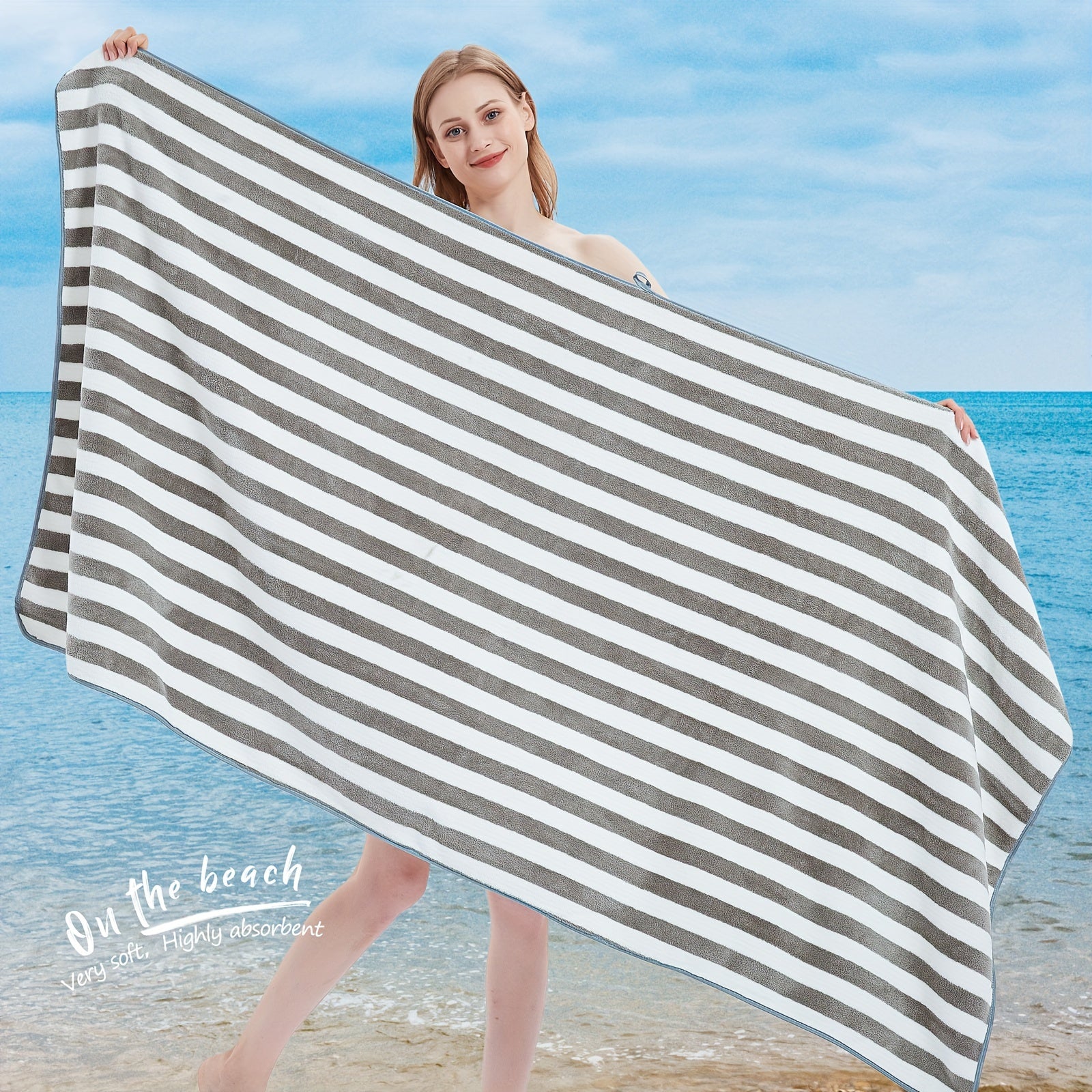 Set of 4 Oversized Striped Bath Towels in Blue And Gray, Made from Soft, Quick-Drying Microfiber That Is Highly Absorbent, Perfect for Use in The Shower, at The Pool, on The Beach, Or in The Bathroom