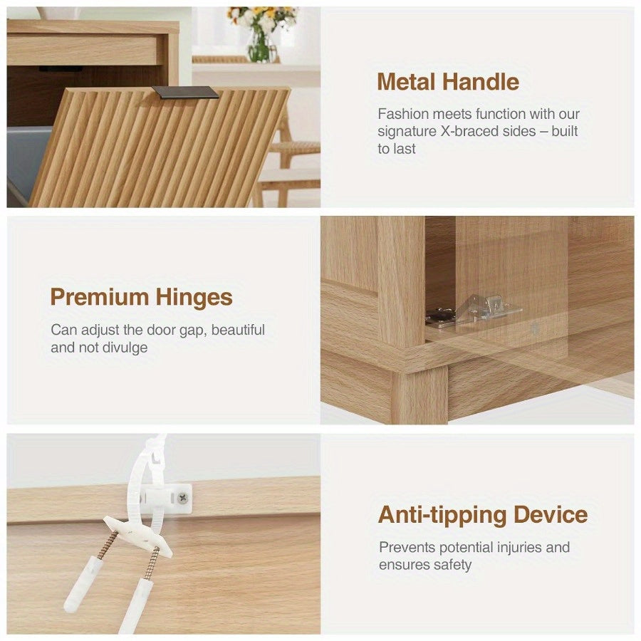 Tilt Out Trash Can Cabinet with Odor Control, Outlets, Fluted Trash Cabinet 13 Gallon Hidden Bin Storage, Modern Kitchen Cabinet with Soft-Close Door, Laundry Hamper Cabinet for Bathroom