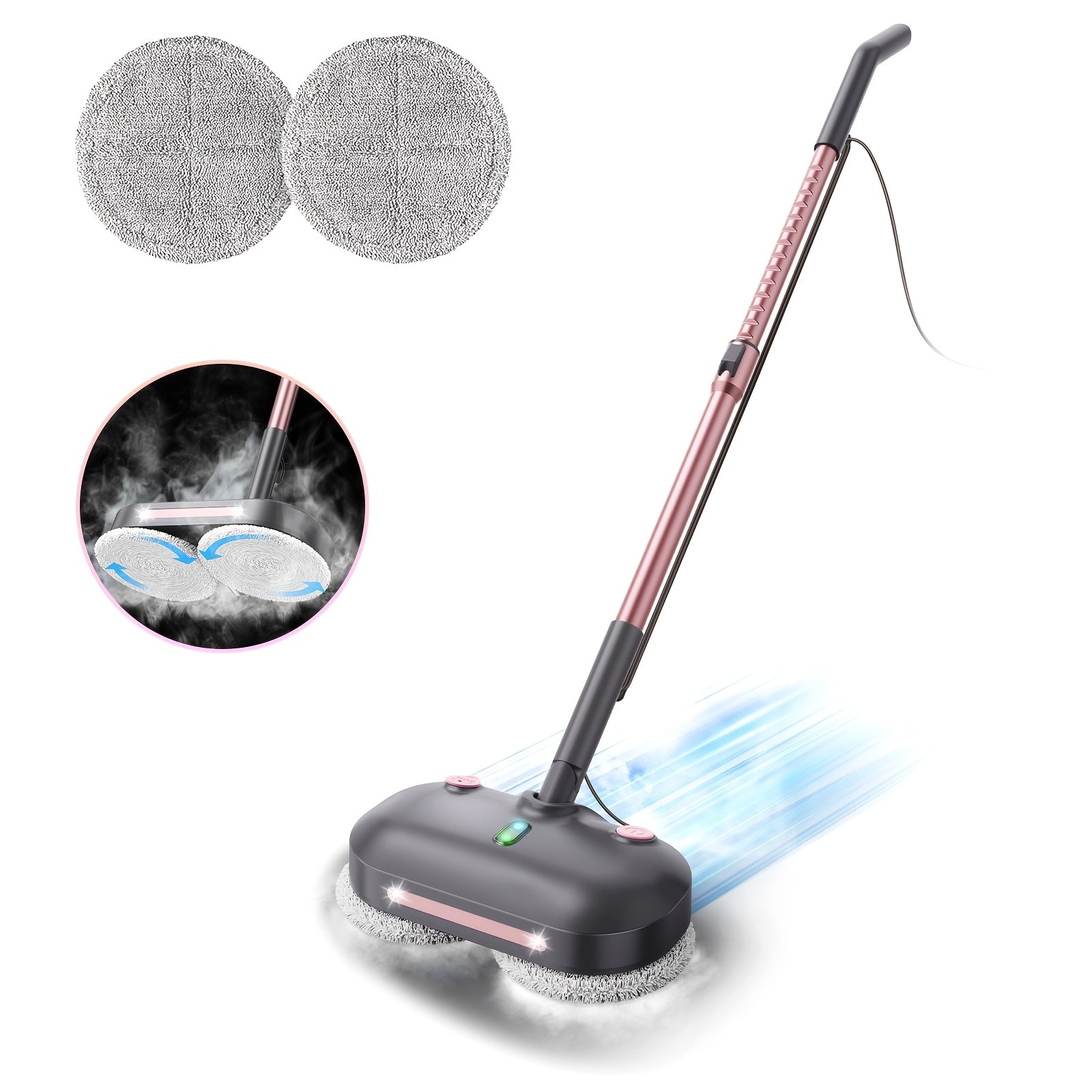 Steam Mop Cleaner, Suitable for Cleaning Floors, Hardwood, Tiles And Carpets. It Features Overheat Protection, High-Temperature Steam for Quick Drying, Comes with 2 Mop Pads, Has A Rotating Function