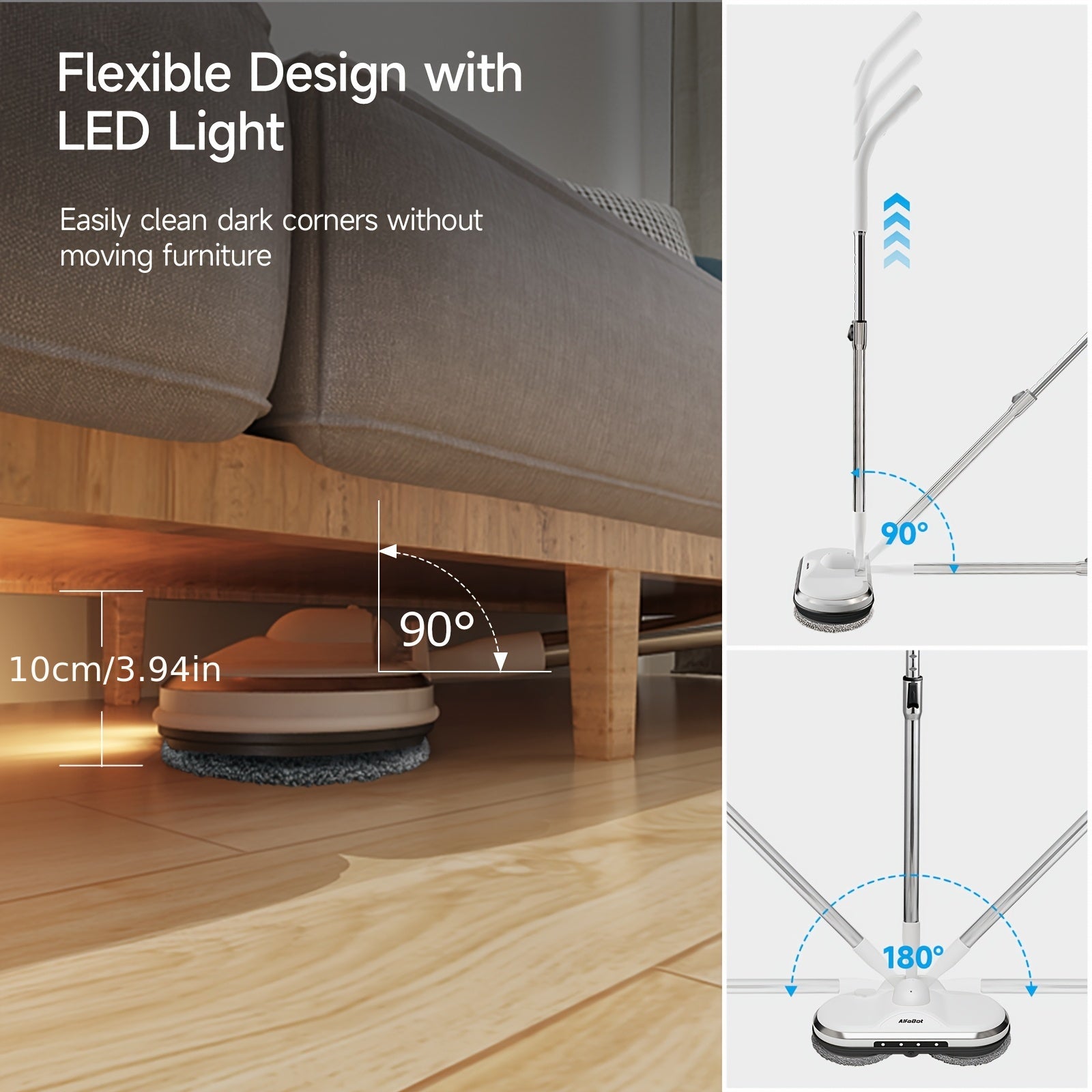 Spin Electric Mop with LED Headlight, 6.09oz Tank & 50 Min Runtime - Lightweight Floor Scrubber for Hardwood, Tile, Laminate Floors - Ergonomic Handle, Auto-Sprayer Function, One-Hand Operation, Home Cleaning Aid, Durable Abs Plastic, Apartment Dwellers