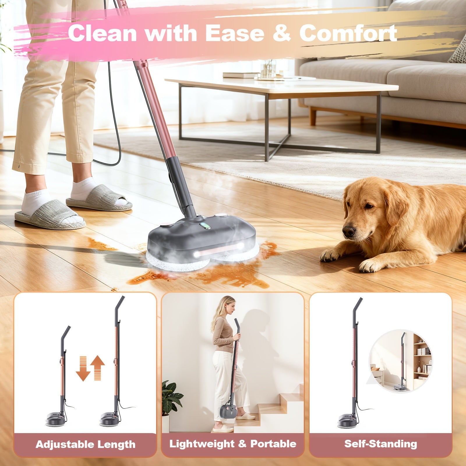 Steam Mop Cleaner, Suitable for Cleaning Floors, Hardwood, Tiles And Carpets. It Features Overheat Protection, High-Temperature Steam for Quick Drying, Comes with 2 Mop Pads, Has A Rotating Function
