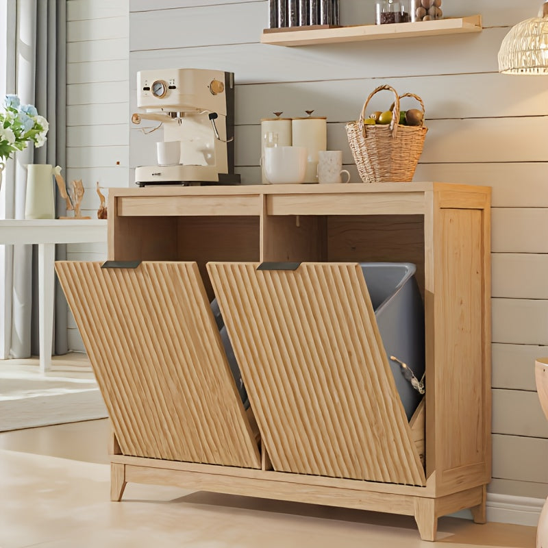 Tilt Out Trash Can Cabinet with Odor Control, Outlets, Fluted Trash Cabinet 13 Gallon Hidden Bin Storage, Modern Kitchen Cabinet with Soft-Close Door, Laundry Hamper Cabinet for Bathroom