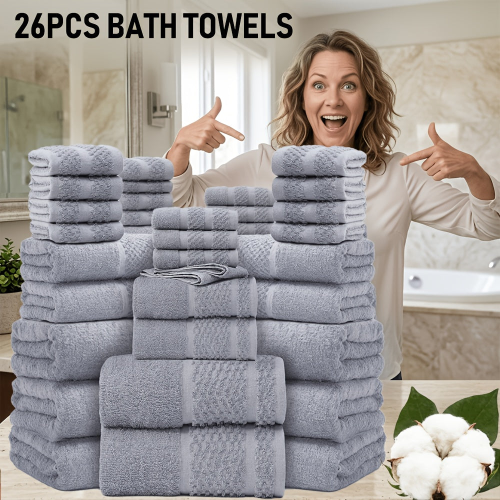 26pcs Bath Towel Set, 8pcs Bath Towels And 6pcs Hand Towels And 12pcs Washcloths, Solid Color, Cottoned Towels, Absorbent, Quick-Drying, Soft And Comfortable, Bathroom Supplies, Towels for Bathroom, Shower And Hotel