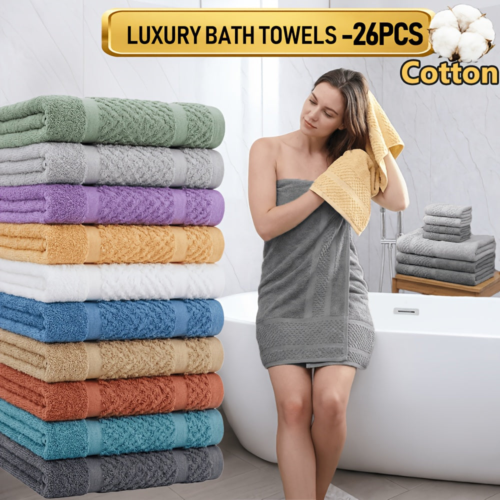 26pcs Bath Towel Set, 8pcs Bath Towels And 6pcs Hand Towels And 12pcs Washcloths, Solid Color, Cottoned Towels, Absorbent, Quick-Drying, Soft And Comfortable, Bathroom Supplies, Towels for Bathroom, Shower And Hotel