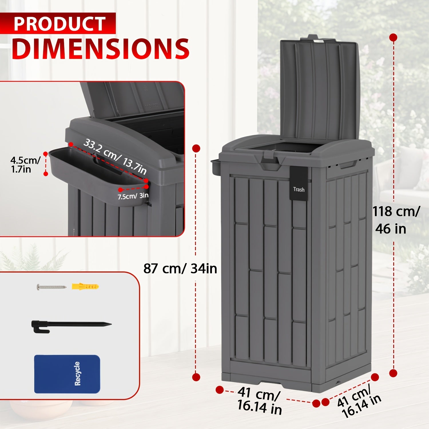 30\u002F60 Gallon Outdoor Trash Can with Lid - Waterproof PP Resin Heavy-Duty Suitable for Patio, Garden, Balcony Garbage Bin, Modern Modern Waste Can with Removable Tray, Plastic Bin for Backyard, Commercial\u002FResidential Use