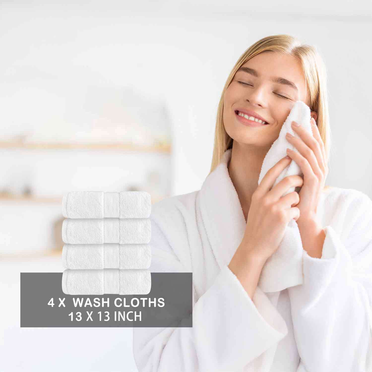 JML 8-Piece Extra Wide White Cotton Bath Towel Set - 600 GSM Extra Large & Highly Absorbent - Includes 2 Luxury Bath Towels (31.5”x54”), 2 Hand Towels (16”x30”), and 4 Washcloths (13”x13”) for Bathroom