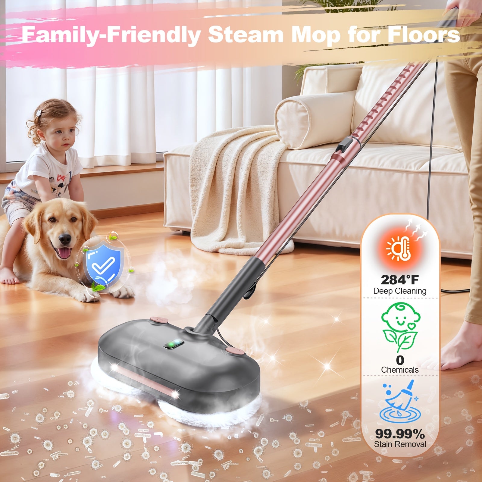 Steam Mop Cleaner, Suitable for Cleaning Floors, Hardwood, Tiles And Carpets. It Features Overheat Protection, High-Temperature Steam for Quick Drying, Comes with 2 Mop Pads, Has A Rotating Function