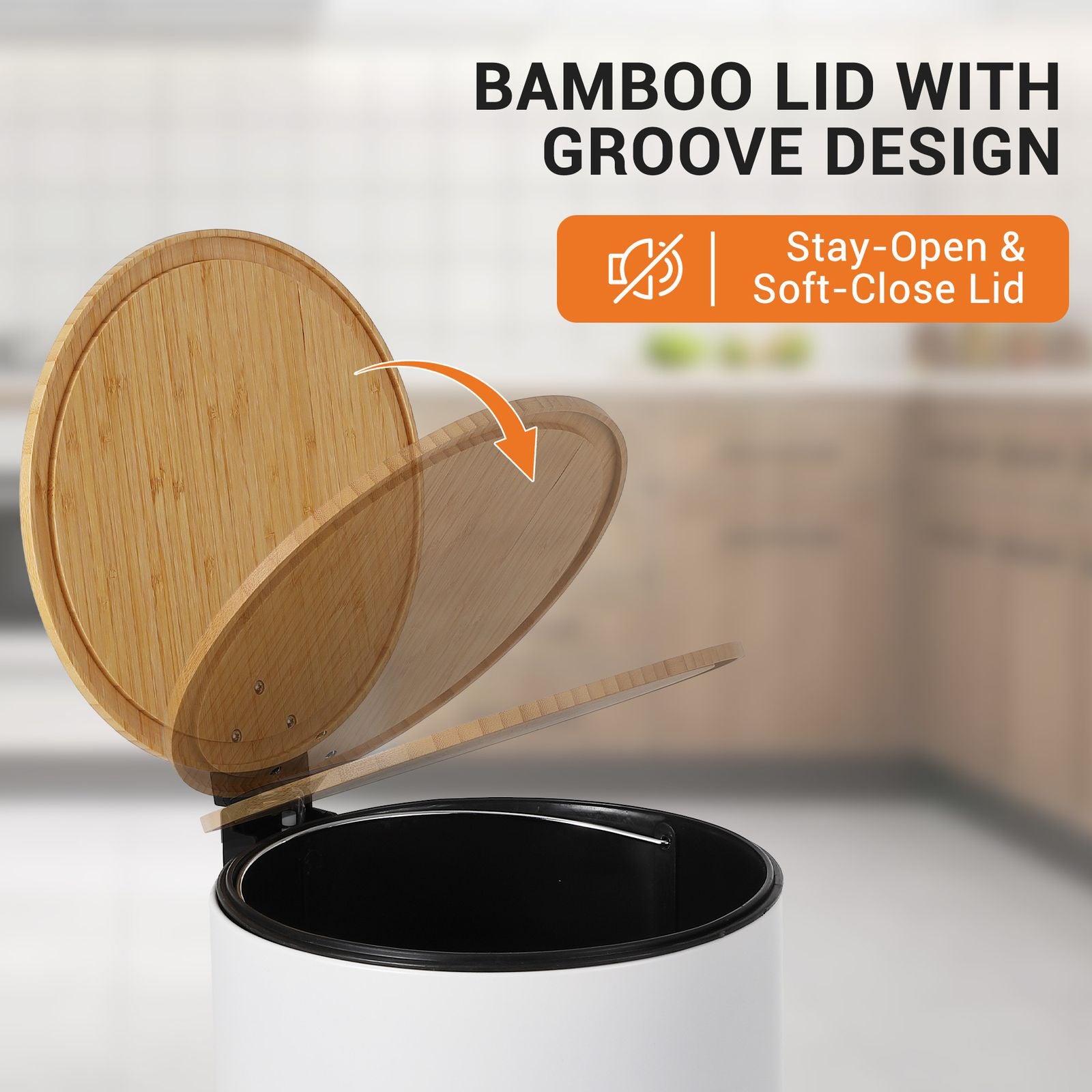 GarveeHome 8 Gallon Step Trash Can with Soft-Close Bamboo Lid, Stainless Steel Garbage Can with Removable Inner Bucket, 30L Round Trash Bin, Perfect for Kitchen, Bathroom, Living Room, White