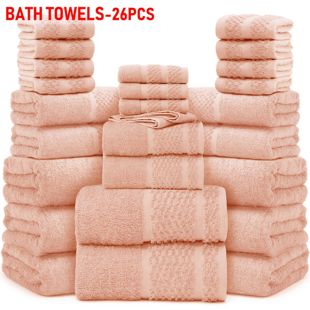 26pcs Bath Towel Set, 8pcs Bath Towels And 6pcs Hand Towels And 12pcs Washcloths, Solid Color, Cottoned Towels, Absorbent, Quick-Drying, Soft And Comfortable, Bathroom Supplies, Towels for Bathroom, Shower And Hotel