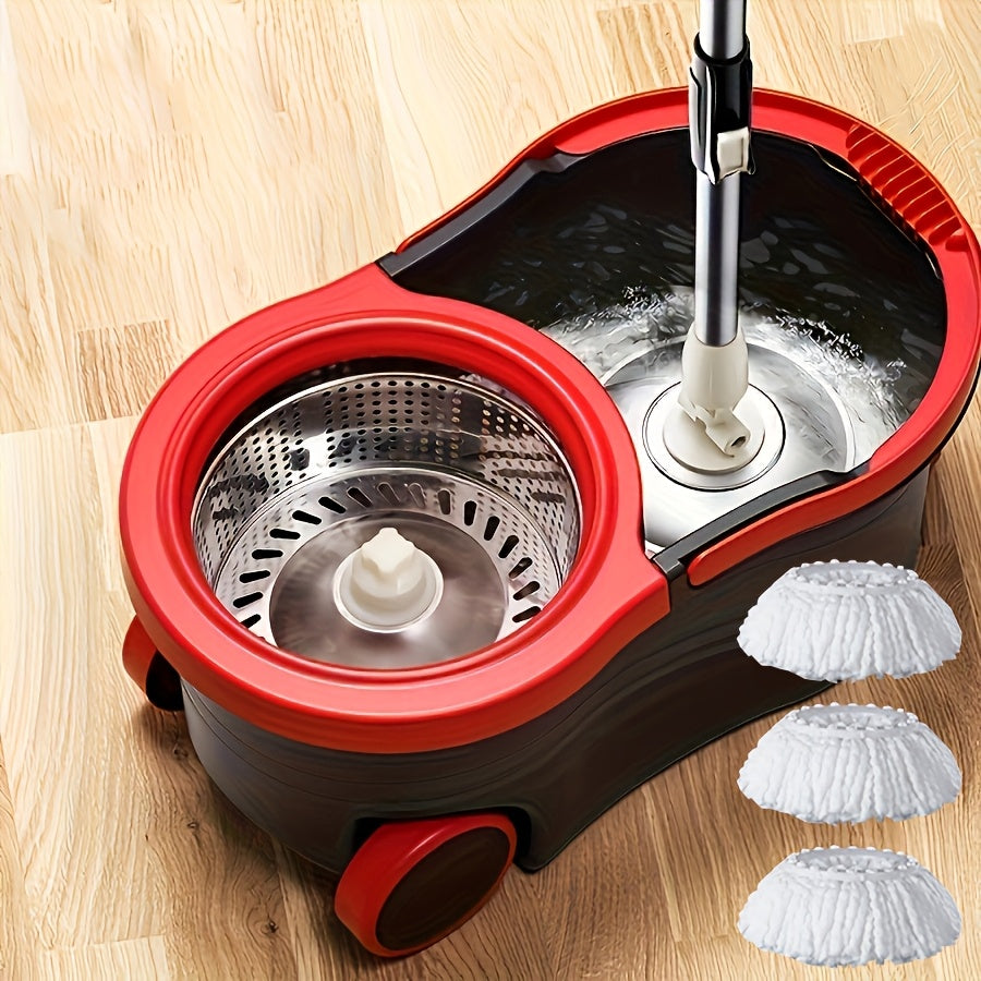 Rotating Mop with Wheels And Bucket, 360° Rotating Mop Bucket System with Roller, 3 Ultra-Fine Fiber Replacement Heads, Stainless Telescopic Handle for Floor Cleaning