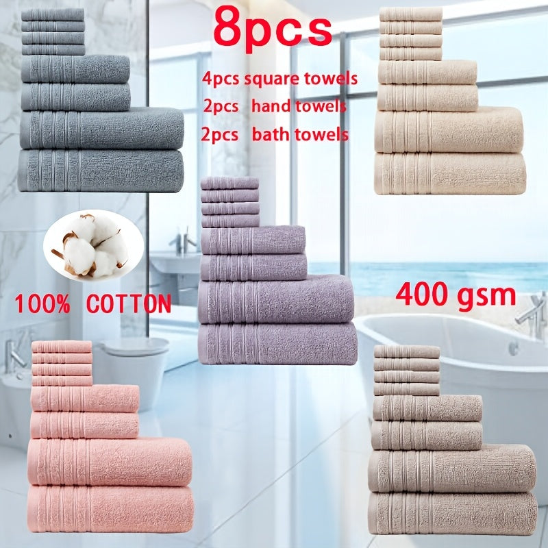 8pcs 100% Cotton Towel Set, Soft Quick-Dry Fluffy Bathroom Set, 400 Gsm, 2 Bath Towels+ 2 Hand Towels+ 4 Washcloths, All Seasons, Multiple Colors, Suitable for Hotels, Swimming, Gym, SPA