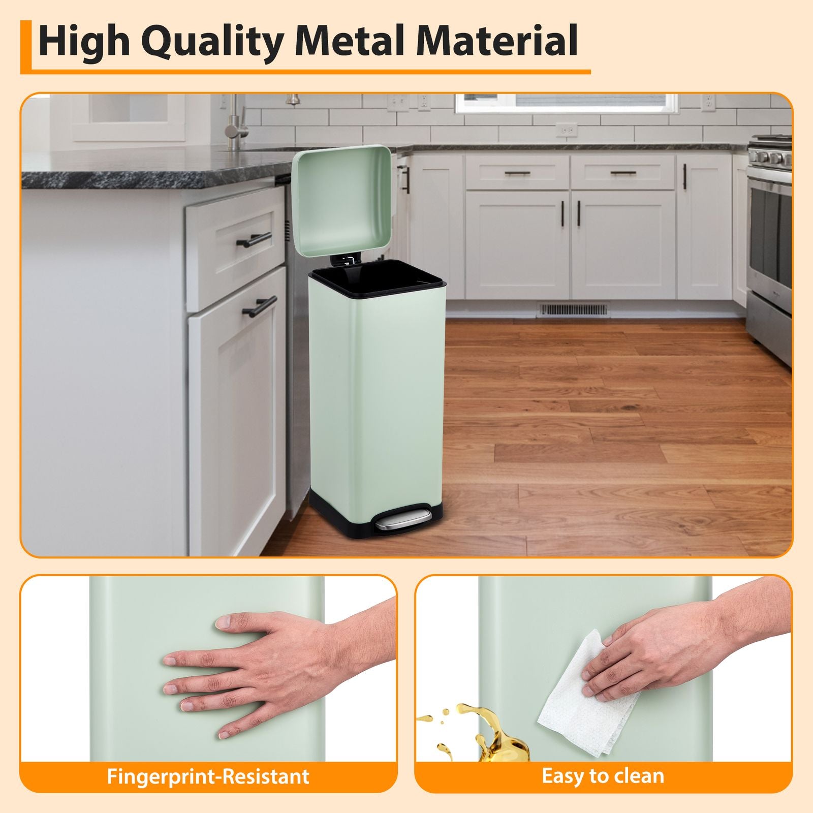 8 Gallon (30L) Stainless Steel Step Trash Can | Fingerprint Resistant End, Soft-Close Lid, Slim Minimalist Design for Kitchen, Laundry, Office - Green