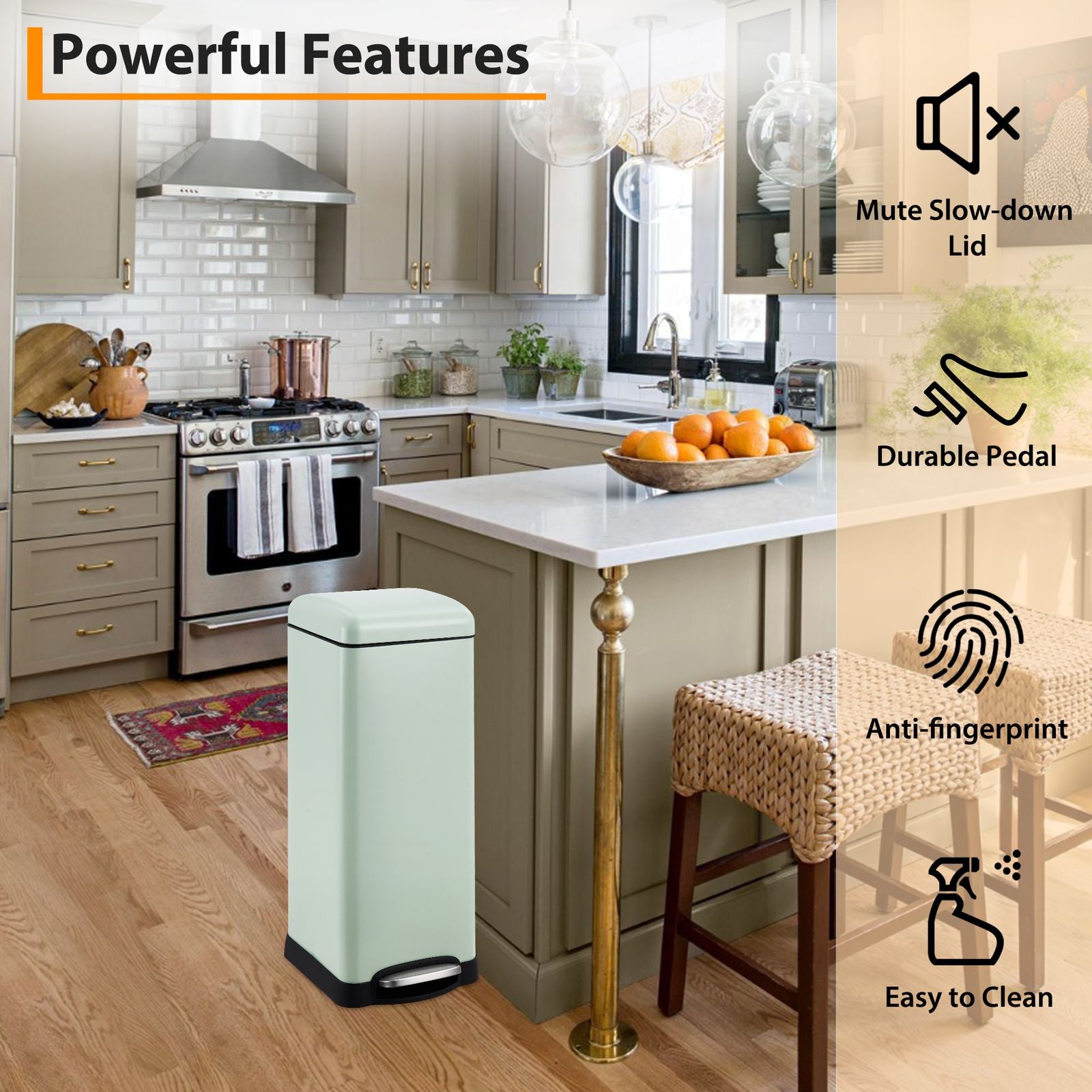 8 Gallon (30L) Stainless Steel Step Trash Can | Fingerprint Resistant End, Soft-Close Lid, Slim Minimalist Design for Kitchen, Laundry, Office - Green