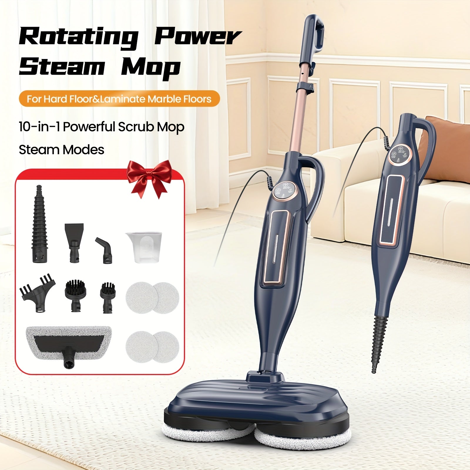 2025 VM6 Steam Mop with Rotating Spin Pads & Steam Blaster Technology - 10-in-1 Heavy-Duty Scrubbing Mop, 3 Steam Modes, LED Headlights, Washable Pads, Low\u002FMedium\u002FHigh Power for, Laminate, Floors - Plug-in (120V)