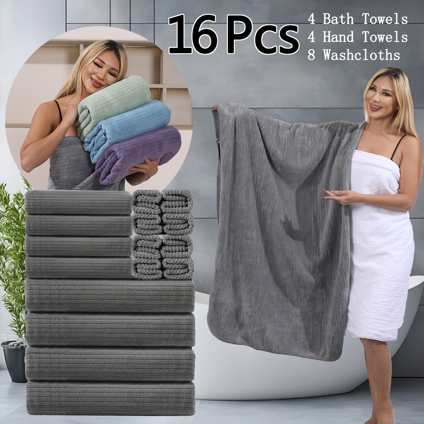 16pcs Oversized Bath Towel Set-4 Extra Large Bath Towel Sheets, 4 Hand Towels, 8 Washcloths Soft Highly Absorbent Quick  Shower Towels for Bathroom, Gym, Hotel & Spa, 100% Microfiber