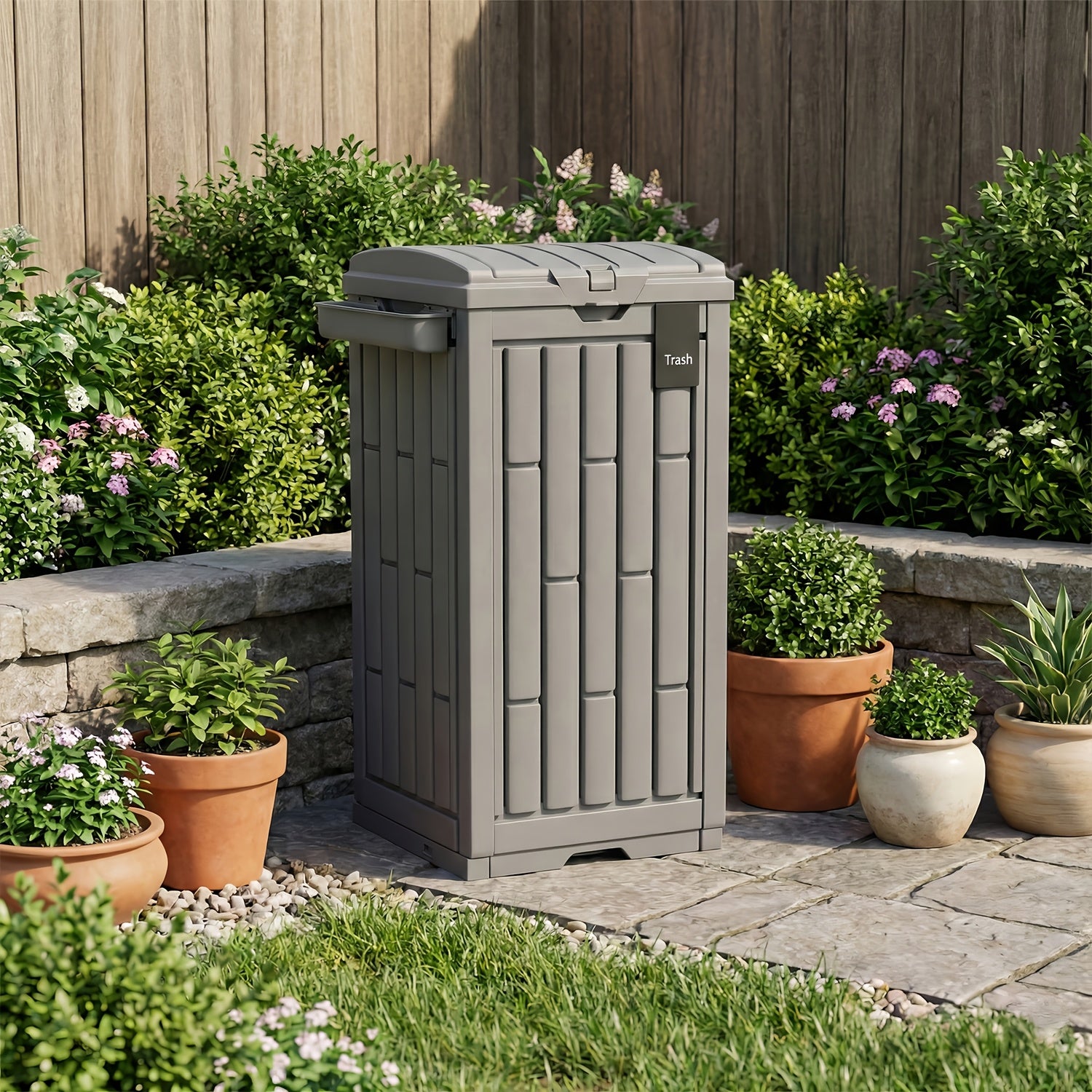 30\u002F60 Gallon Outdoor Trash Can with Lid - Waterproof PP Resin Heavy-Duty Suitable for Patio, Garden, Balcony Garbage Bin, Modern Modern Waste Can with Removable Tray, Plastic Bin for Backyard, Commercial\u002FResidential Use