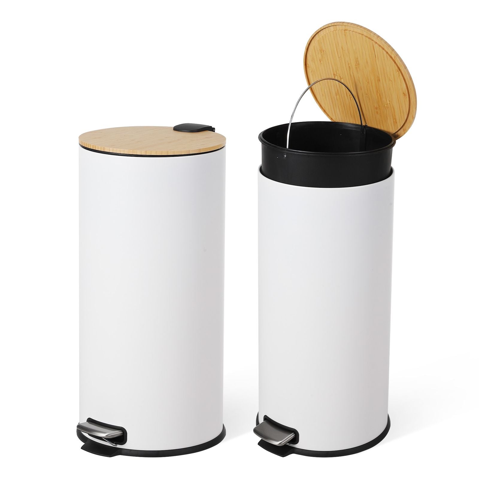 GarveeHome 8 Gallon Step Trash Can with Soft-Close Bamboo Lid, Stainless Steel Garbage Can with Removable Inner Bucket, 30L Round Trash Bin, Perfect for Kitchen, Bathroom, Living Room, White