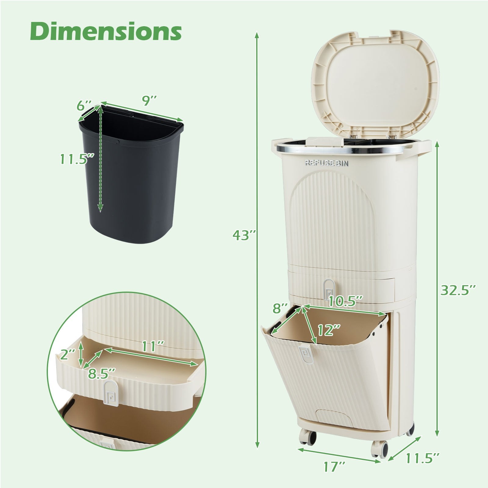 COSTWAY 11 Gallon Heavy-Duty Vertical 3-Tier Recycling Trash Can with Lid & Step Pedal, Hands-Free Waste Sorting Bin with 2 Removable Buckets & Drawer, PP Plastic Garbage Can, Bathroom, for () - Space-Saving Vertical