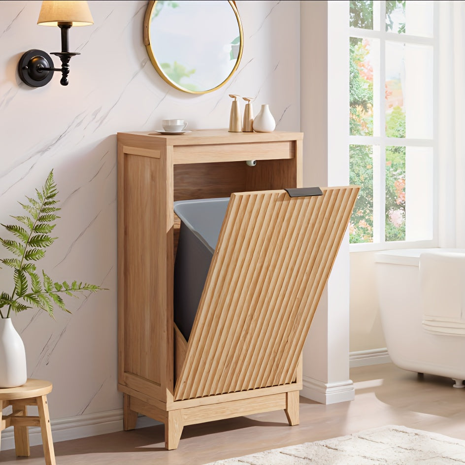 Tilt Out Trash Can Cabinet with Odor Control, Outlets, Fluted Trash Cabinet 13 Gallon Hidden Bin Storage, Modern Kitchen Cabinet with Soft-Close Door, Laundry Hamper Cabinet for Bathroom