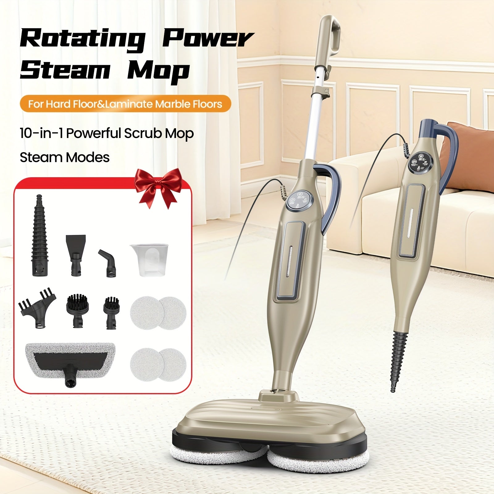 2025 VM6 Steam Mop with Rotating Spin Pads & Steam Blaster Technology - 10-in-1 Heavy-Duty Scrubbing Mop, 3 Steam Modes, LED Headlights, Washable Pads, Low\u002FMedium\u002FHigh Power for, Laminate, Floors - Plug-in (120V)