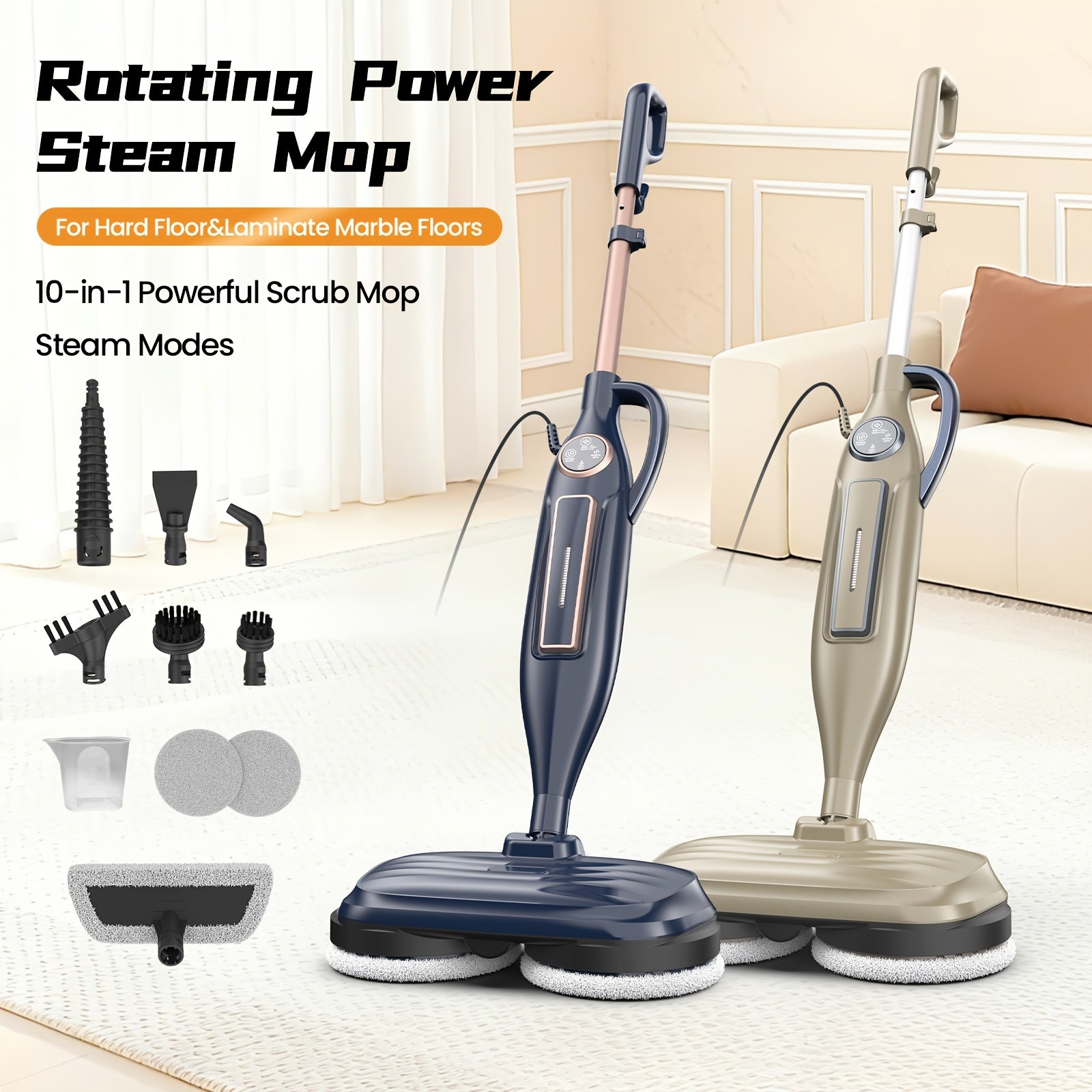2025 VM6 Steam Mop with Rotating Spin Pads & Steam Blaster Technology - 10-in-1 Heavy-Duty Scrubbing Mop, 3 Steam Modes, LED Headlights, Washable Pads, Low\u002FMedium\u002FHigh Power for, Laminate, Floors - Plug-in (120V)