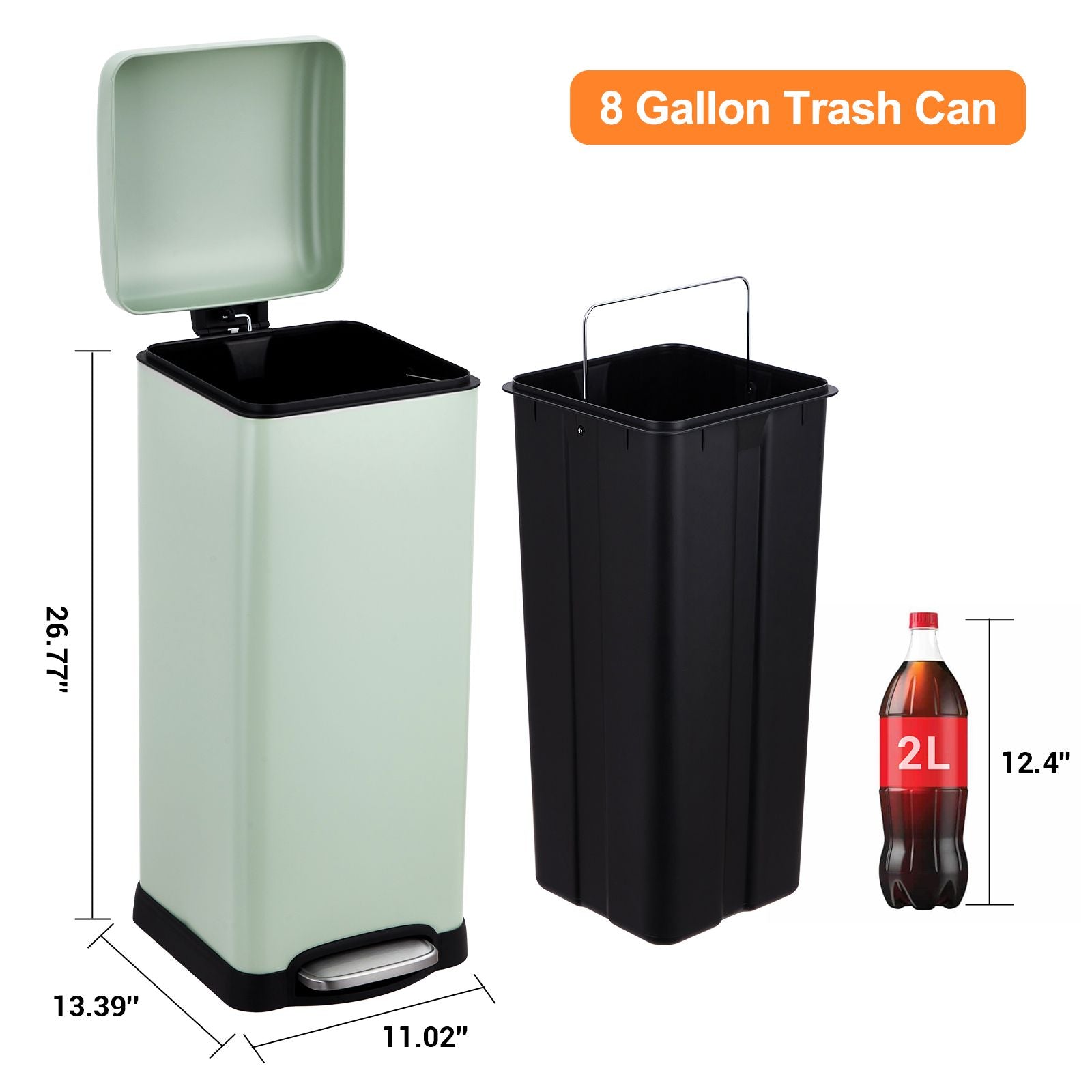 8 Gallon (30L) Stainless Steel Step Trash Can | Fingerprint Resistant End, Soft-Close Lid, Slim Minimalist Design for Kitchen, Laundry, Office - Green