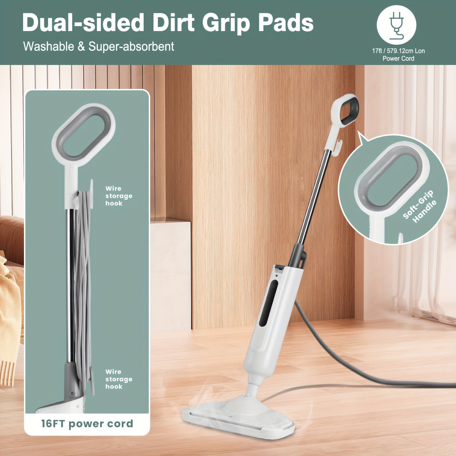 Steam Mop Cleaner For Floor Hardwood Tile Carpet Cleaning With Overheat Protection, Steamer High Temperature Quick-drying With 2pcs Mop Pads And 11.16oz Water Tank, Green Or Grey Colors